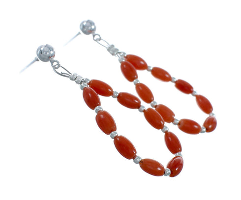 Navajo Coral Bead Post Dangle Sterling Silver Earrings X10270